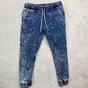 21MEN Acid Wash Denim Joggers Mens L Blue Distressed Drawstring Jeans Sweatpants